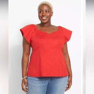 Lane Bryant Short Sleeve Blouse Womens Size 18 Red Fitted Wide V Neck top Peplum